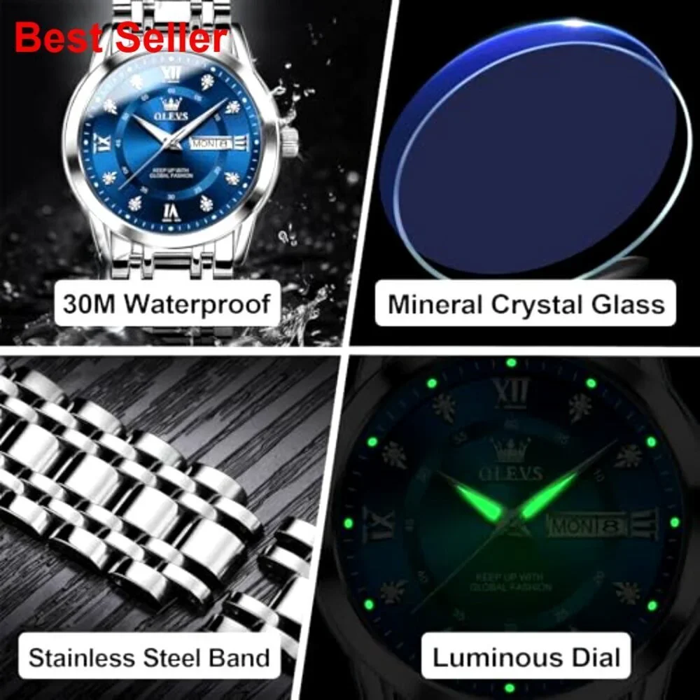 Stainless Steel Watch with Roman Numerals Diamond Accents Day Date